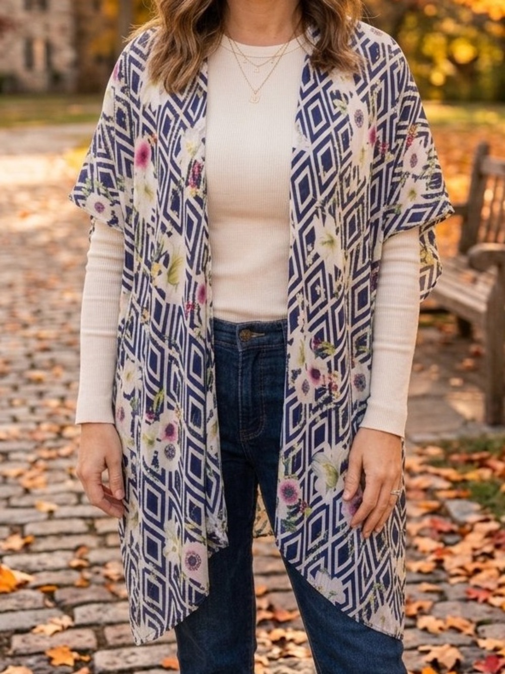 Do Everything in Love Kimono Cardigan Black White Diamond Floral OS
